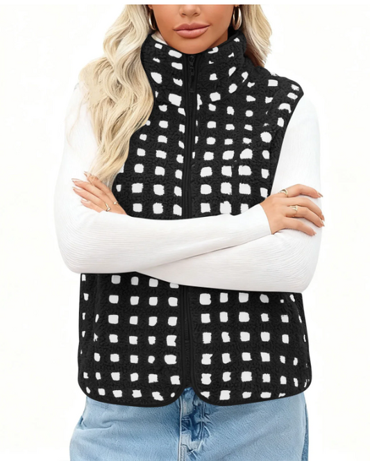 Black & Ivory Fuzzy Sherpa Fitted Vest