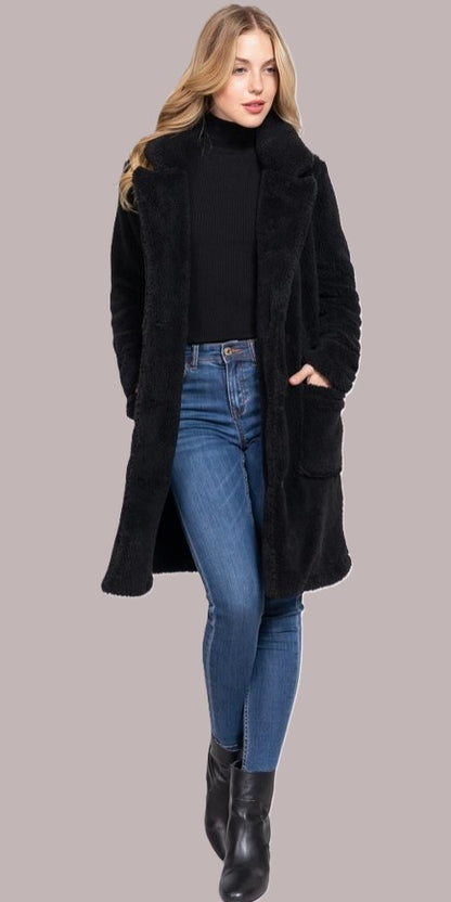 Long Sleeve Notched Collar Patch Pocket Sherpa Coat Black