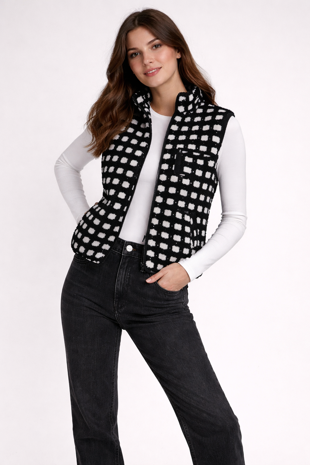 Black & Ivory Fuzzy Sherpa Fitted Vest