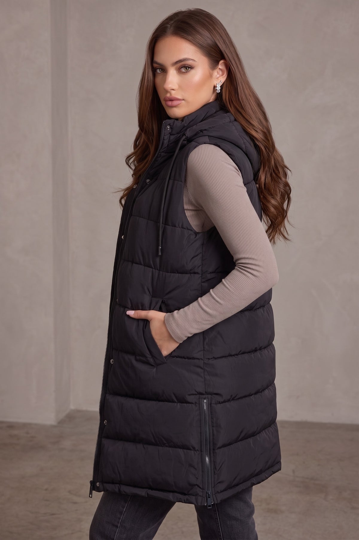 Black Button Down Hooded Puffer Jacket