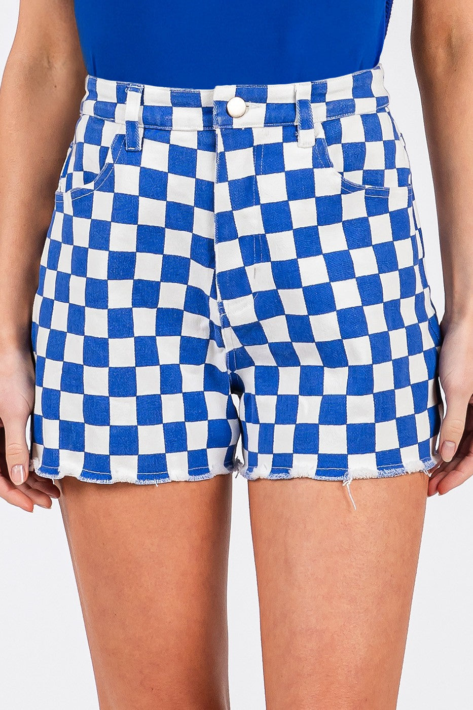 Royal Blue Checkered Frayed Hem Casual Shorts