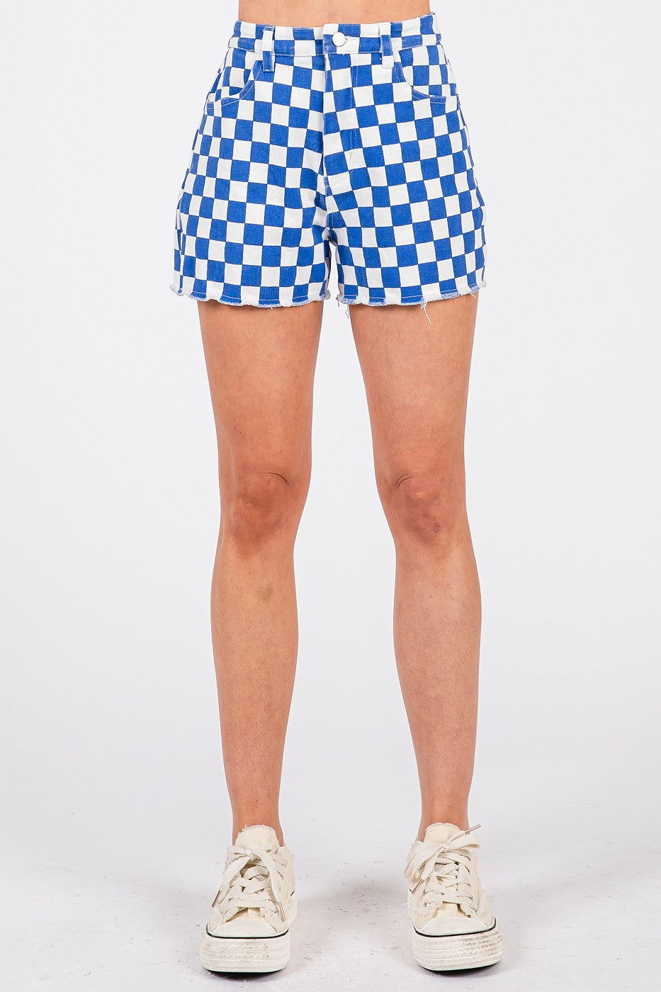 Royal Blue Checkered Frayed Hem Casual Shorts