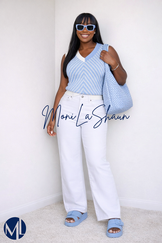 Sky Blue Contrast Chevron Knit V Neck Sweater Vest