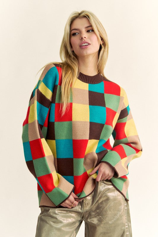MULTI COLOR BLOCKED CHECKER KNIT SWEATER