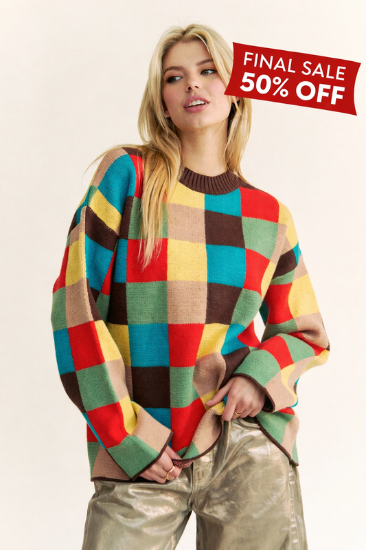 MULTI COLOR BLOCKED CHECKER KNIT SWEATER
