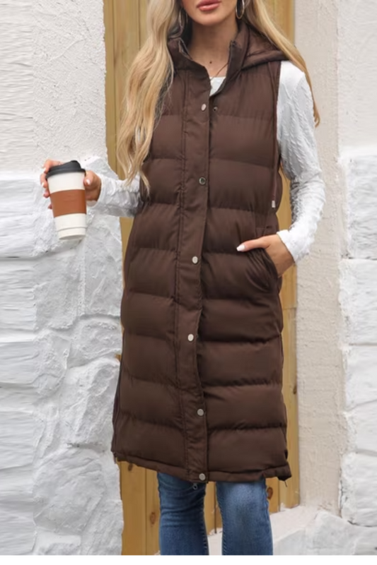 Long Quilted Puffer Vest – Chocolate Brown