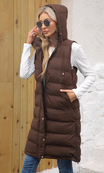 Long Quilted Puffer Vest – Chocolate Brown
