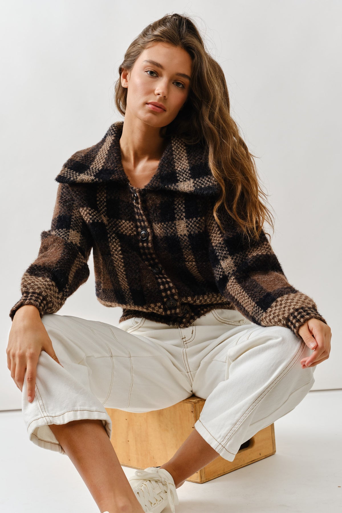 Multi Knit Plaid Sweater Jacket