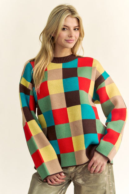 MULTI COLOR BLOCKED CHECKER KNIT SWEATER