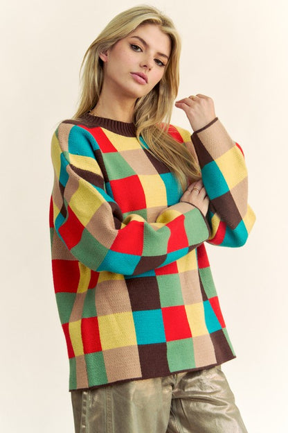 MULTI COLOR BLOCKED CHECKER KNIT SWEATER