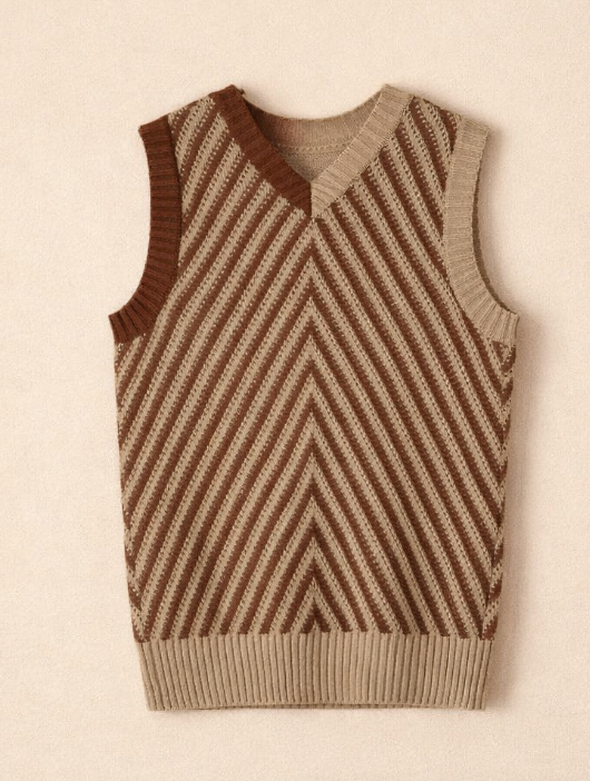 Brown Contrast Chevron Knit V Neck Sweater Vest