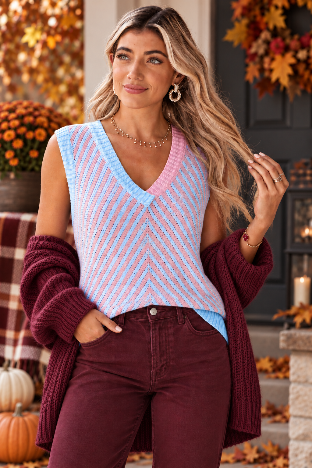 Light Pink Contrast Chevron Knit V Neck Sweater Vest