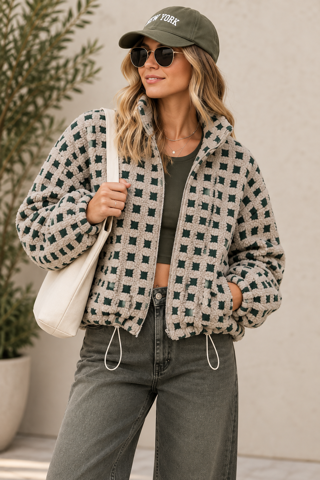 Taupe Checkered Sherpa Jacket