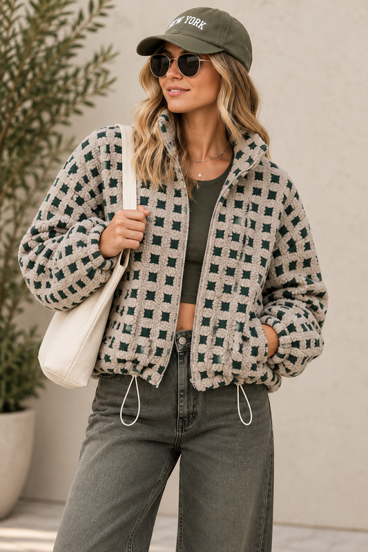 Taupe Checkered Sherpa Jacket