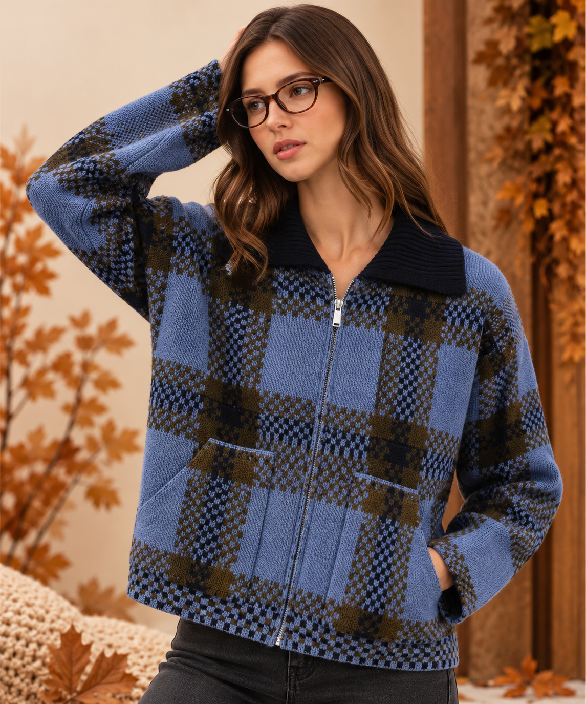 Plaid Knitted Sweater Jacket
