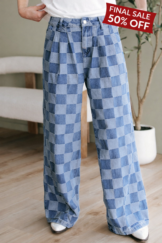 Dusk Blue Checkered Denim Wide Leg Jeans