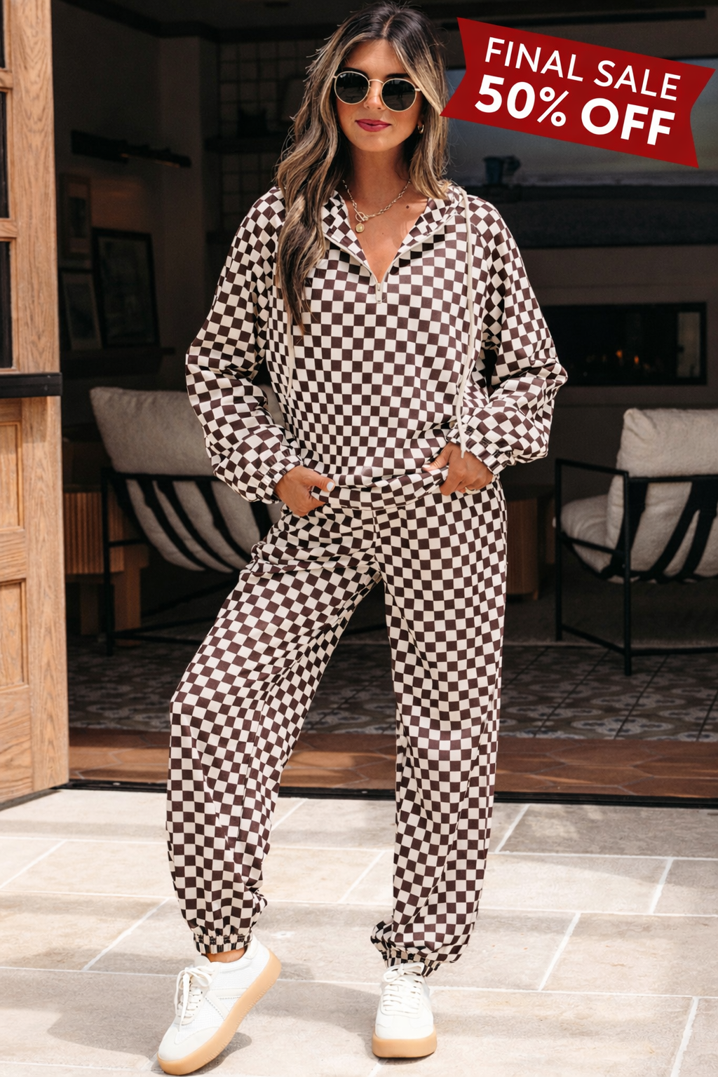 Brown Athleisure Checkered 2pcs Pants Set