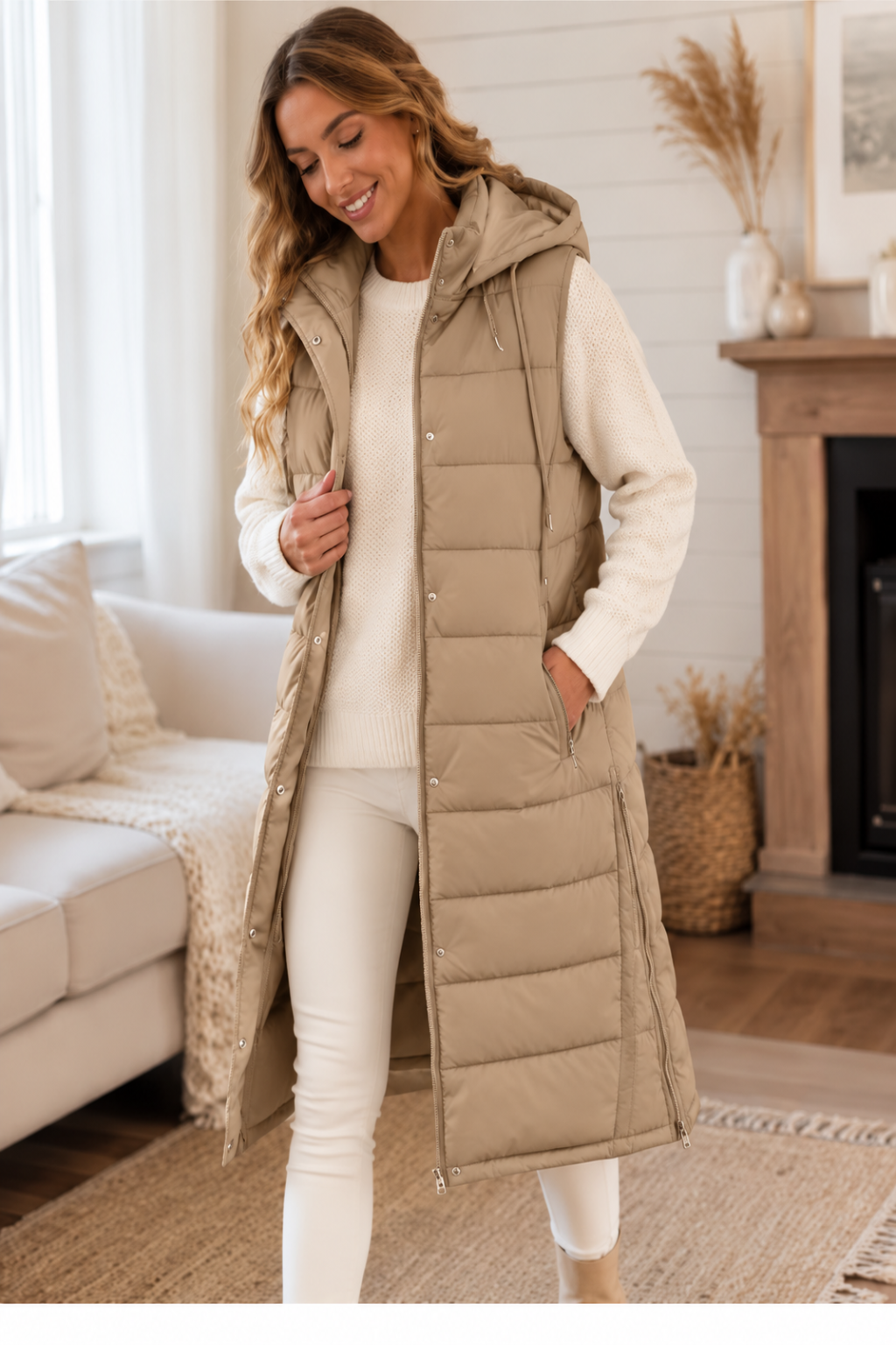 Long Hooded Puffer Vest – Khaki