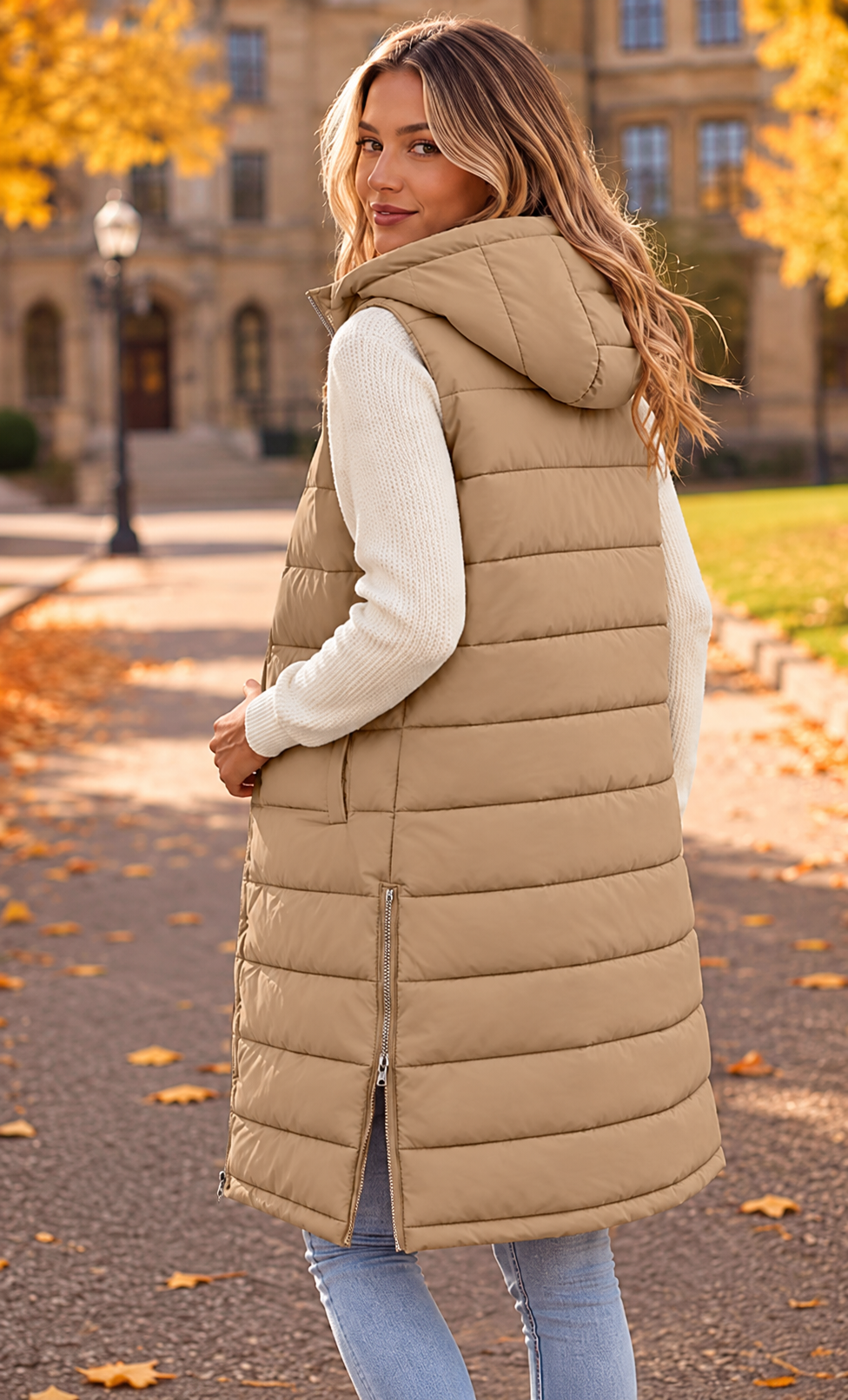 Long Hooded Puffer Vest – Khaki