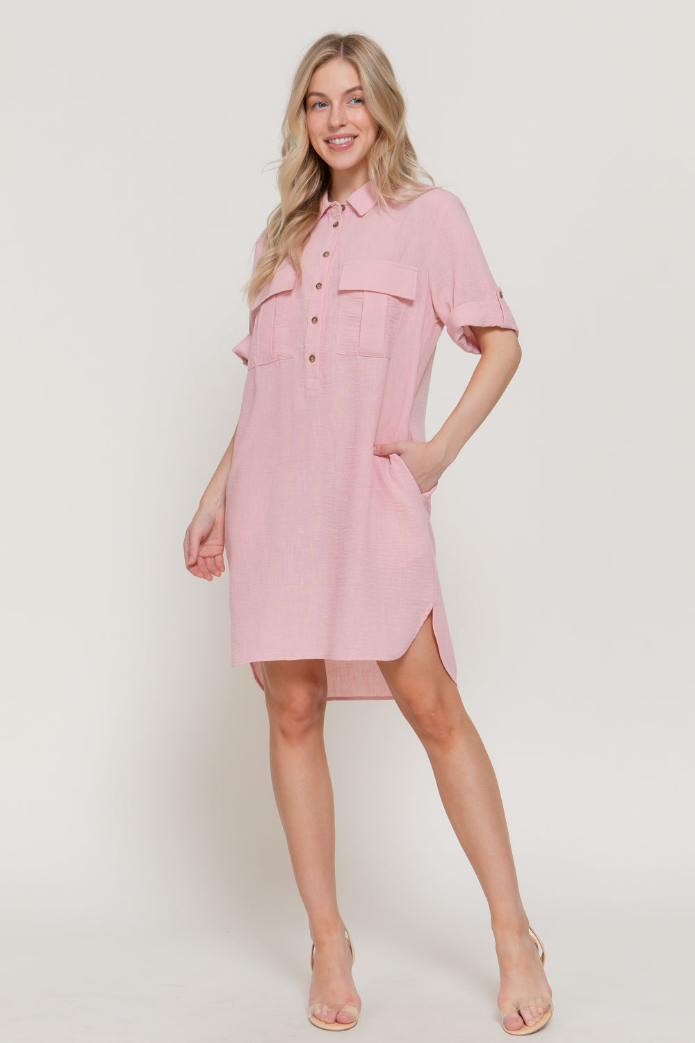 Pink Roll-Up Short Sleeve Linen-Effect Mini Dress