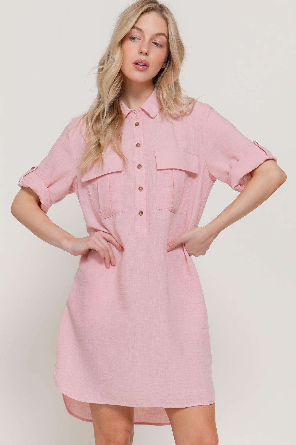Pink Roll-Up Short Sleeve Linen-Effect Mini Dress
