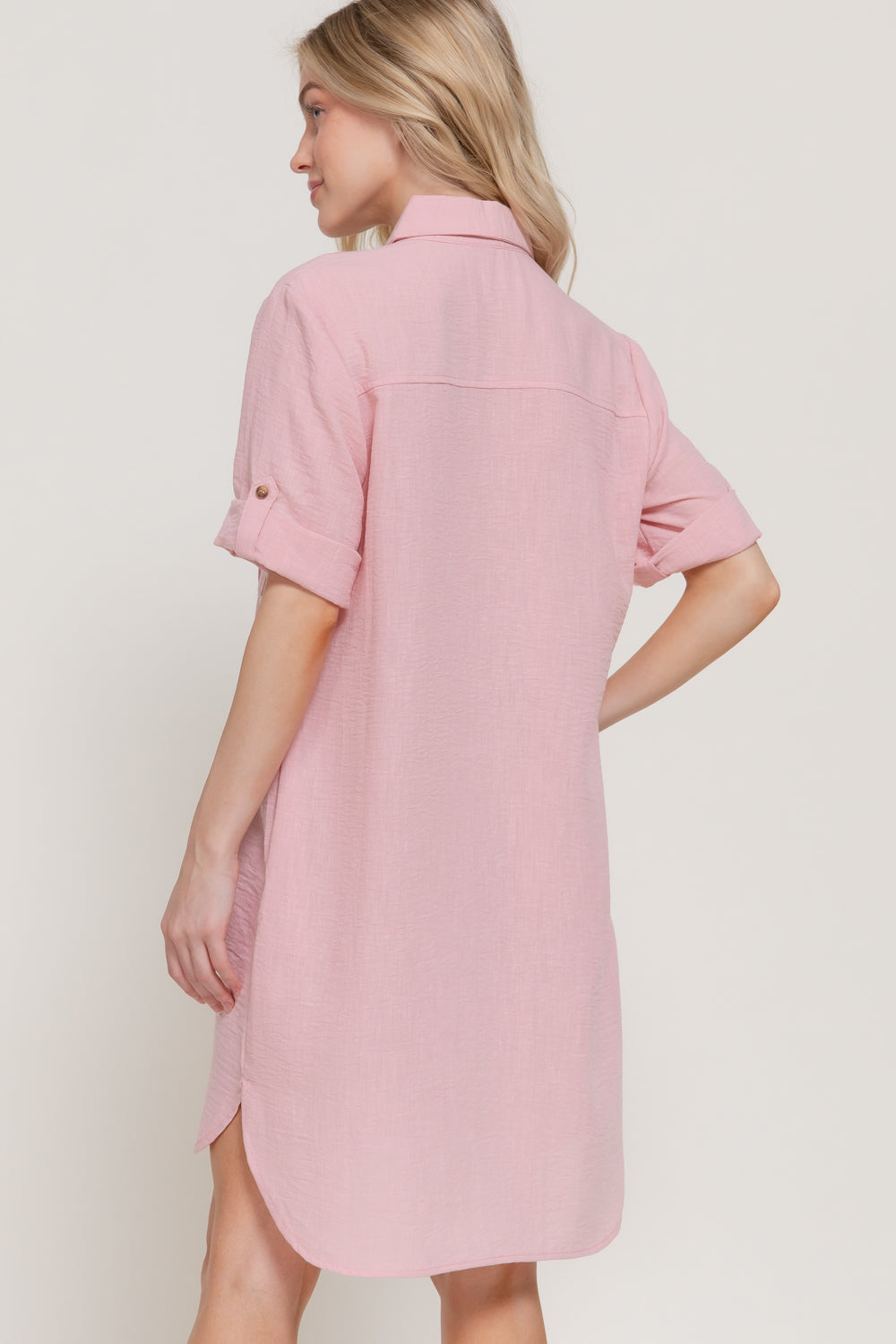 Pink Roll-Up Short Sleeve Linen-Effect Mini Dress