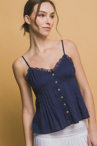 Navy Lace Trim Linen Top