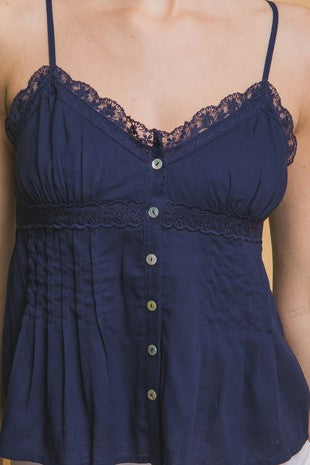 Navy Lace Trim Linen Top