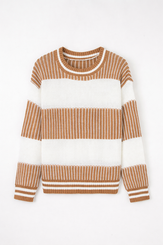 Khaki Two Tone Striped Patchwork Drop Shoulder Loose Sweater