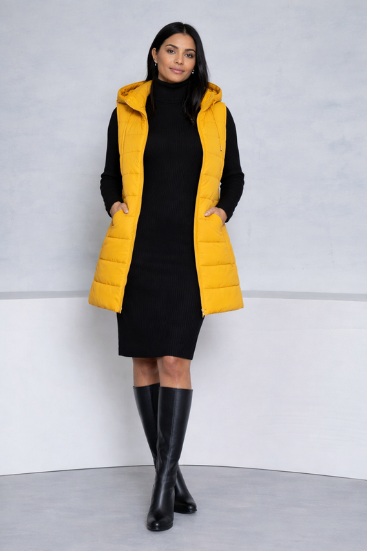 Mustard Hooded Long Puffer Vest