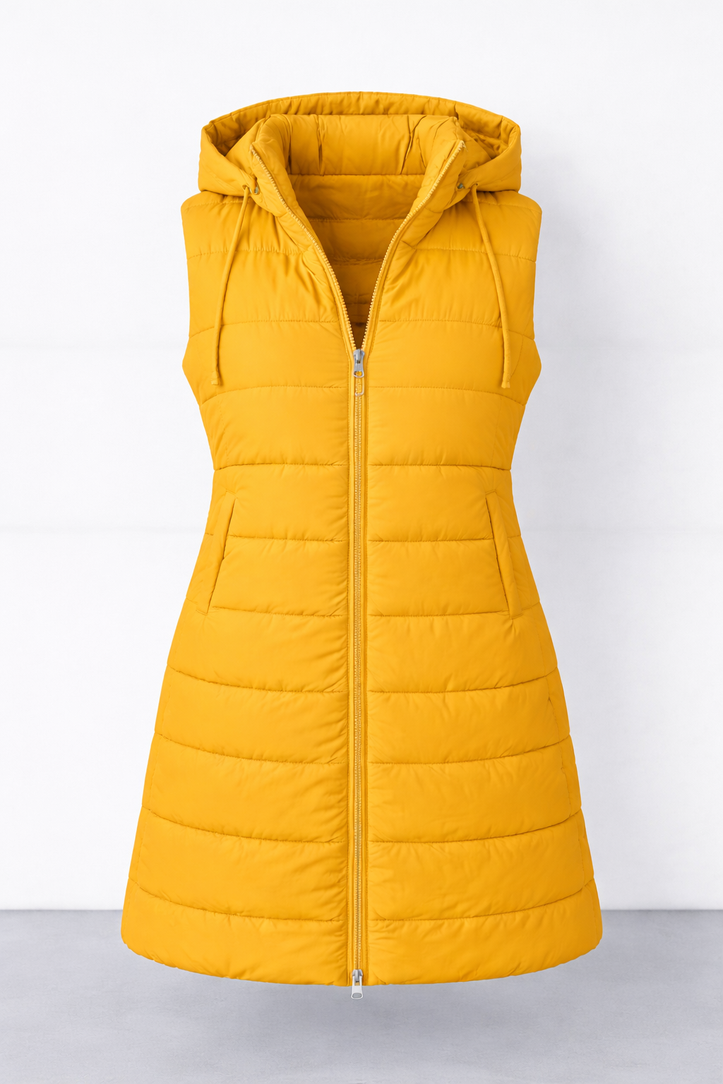 Mustard Hooded Long Puffer Vest