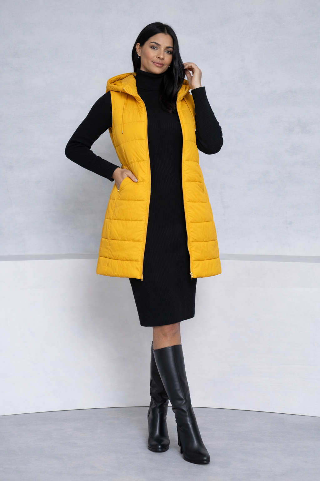 Mustard Hooded Long Puffer Vest