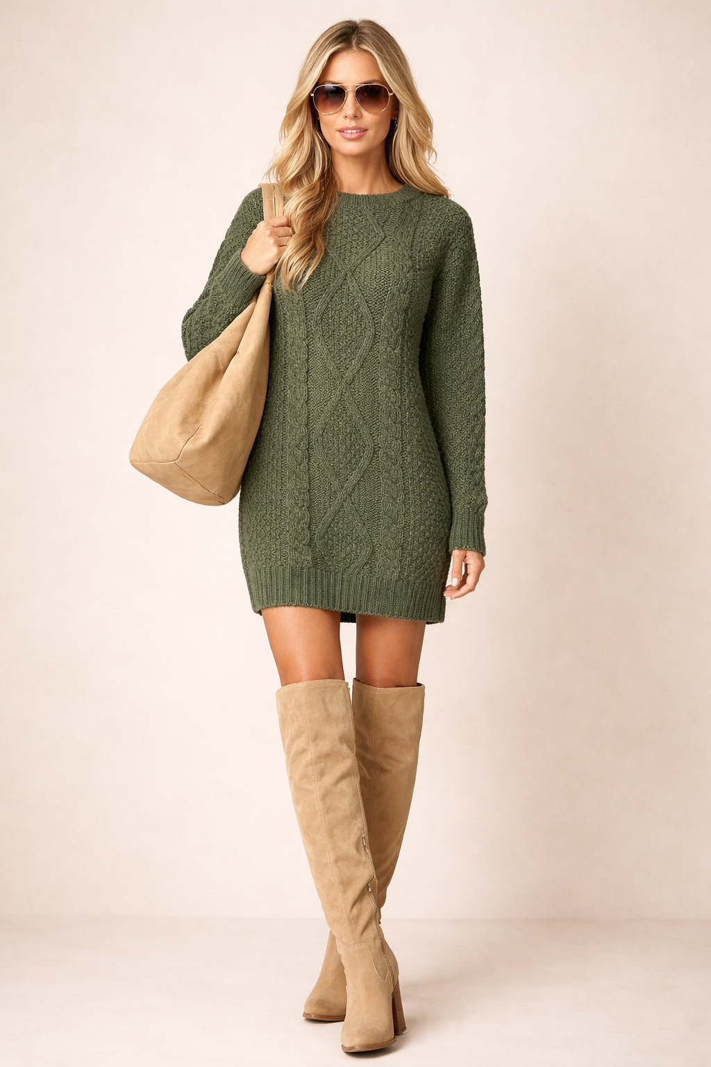 Green Cable Knit Sweater Dress