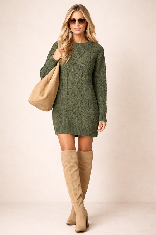Green Cable Knit Sweater Dress