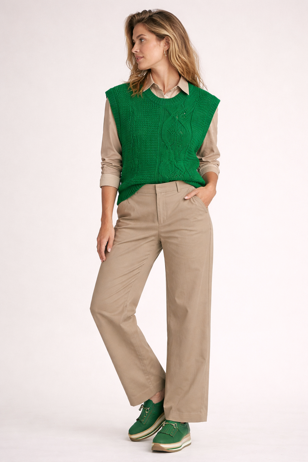 Bright Green Cable Knit Dolman Armholes Sweater Tank