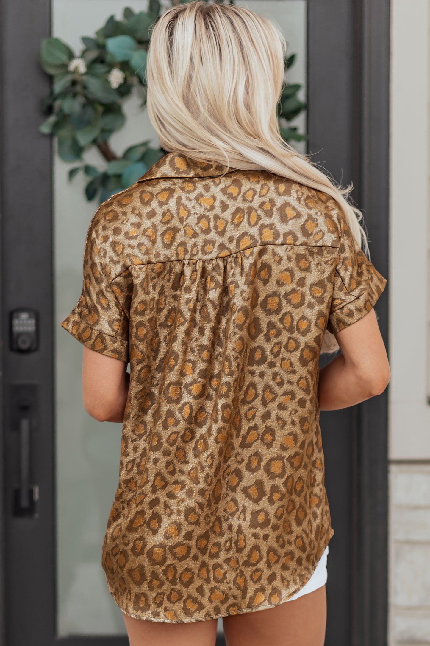 Gold Metallic Leopard Short Sleeve Button Up Shirt
