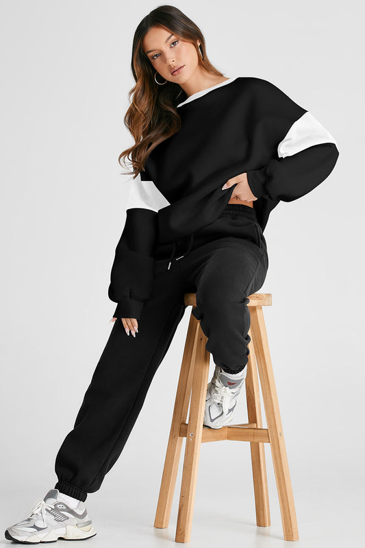 Black Drop Shoulder Loose Sweatshirt and Joggers Active Set