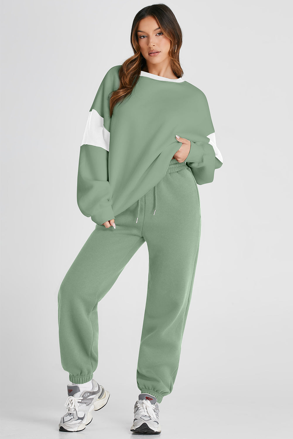 Light Green Drop Shoulder Loose Sweatshirt and Joggers Active Set