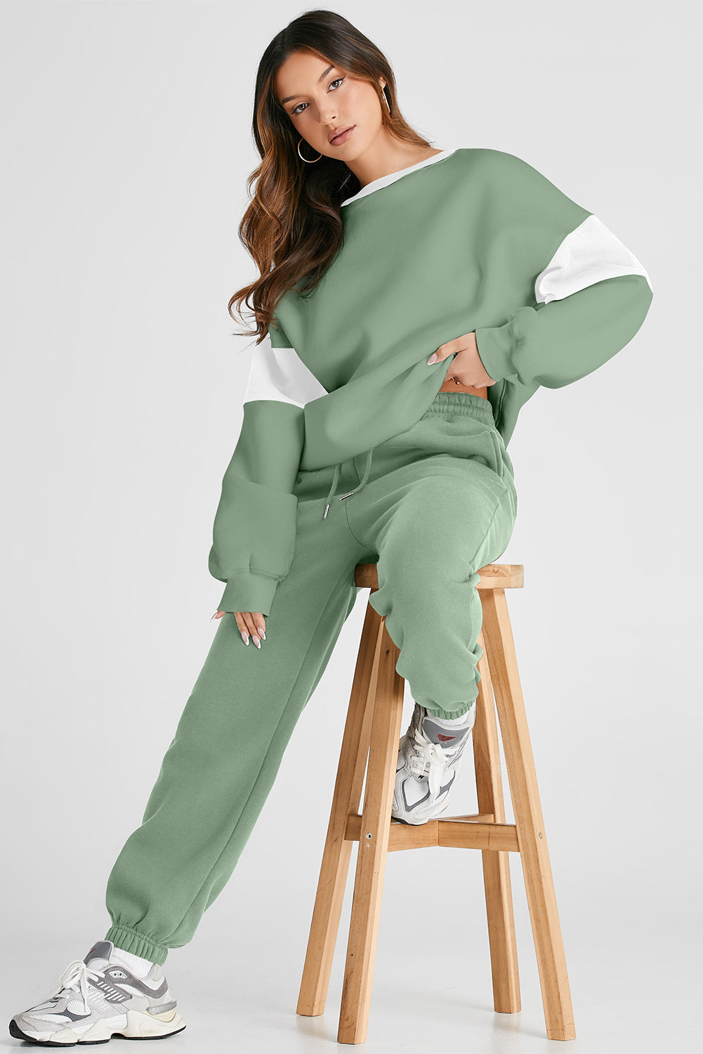 Light Green Drop Shoulder Loose Sweatshirt and Joggers Active Set