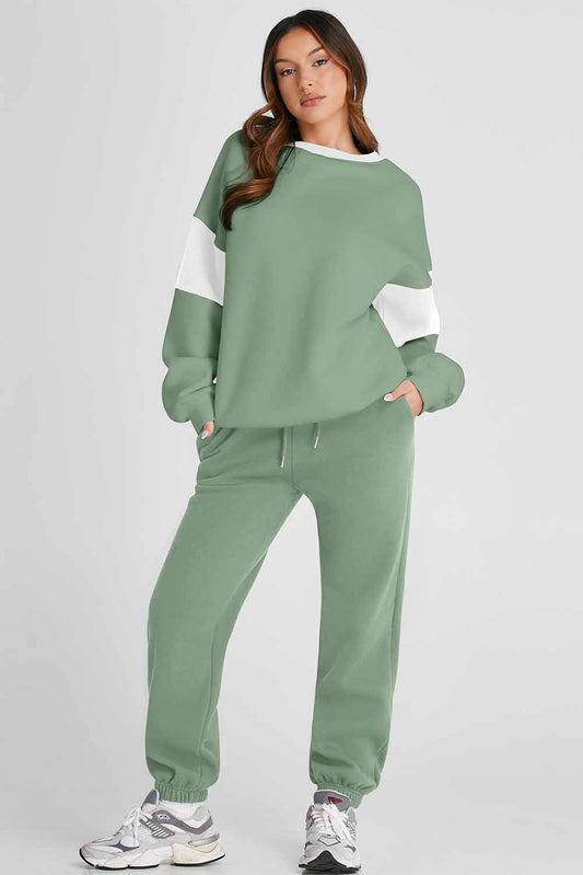 Light Green Drop Shoulder Loose Sweatshirt and Joggers Active Set
