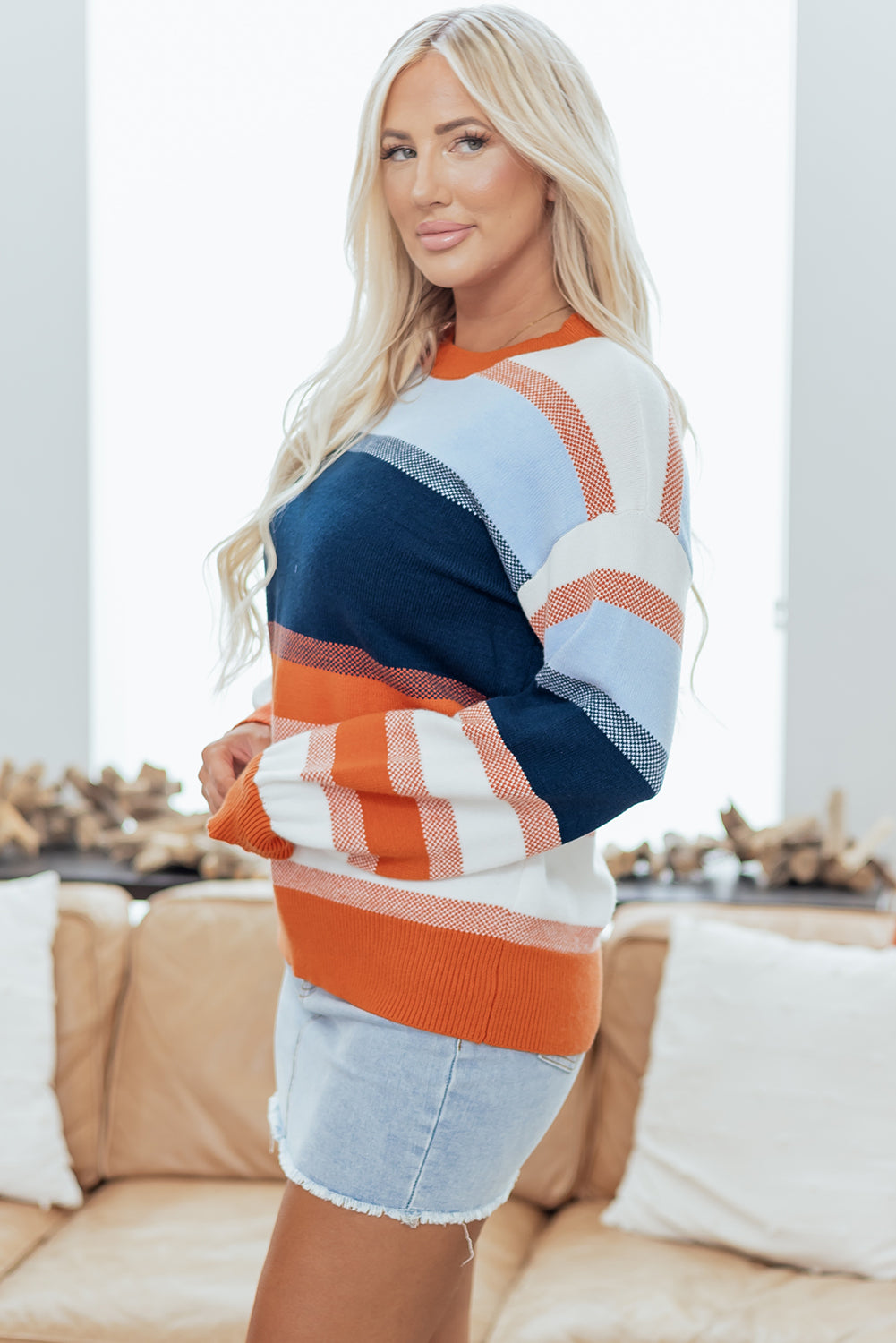 Dark Blue Color Block Round Neck Tunic Sweater