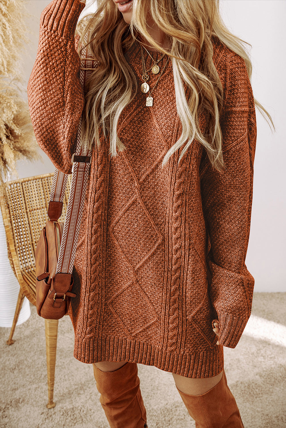 Coffee Cable Knit Sweater Dress