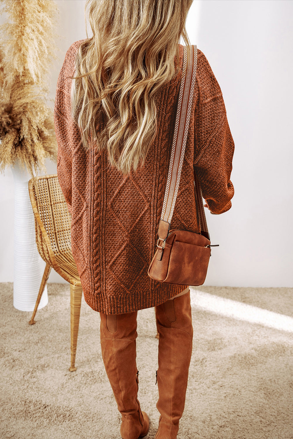 Coffee Cable Knit Sweater Dress