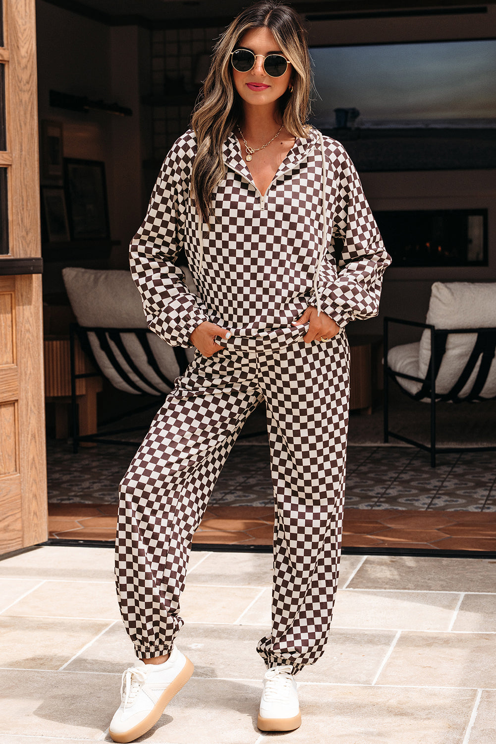 Brown Athleisure Checkered 2pcs Pants Set