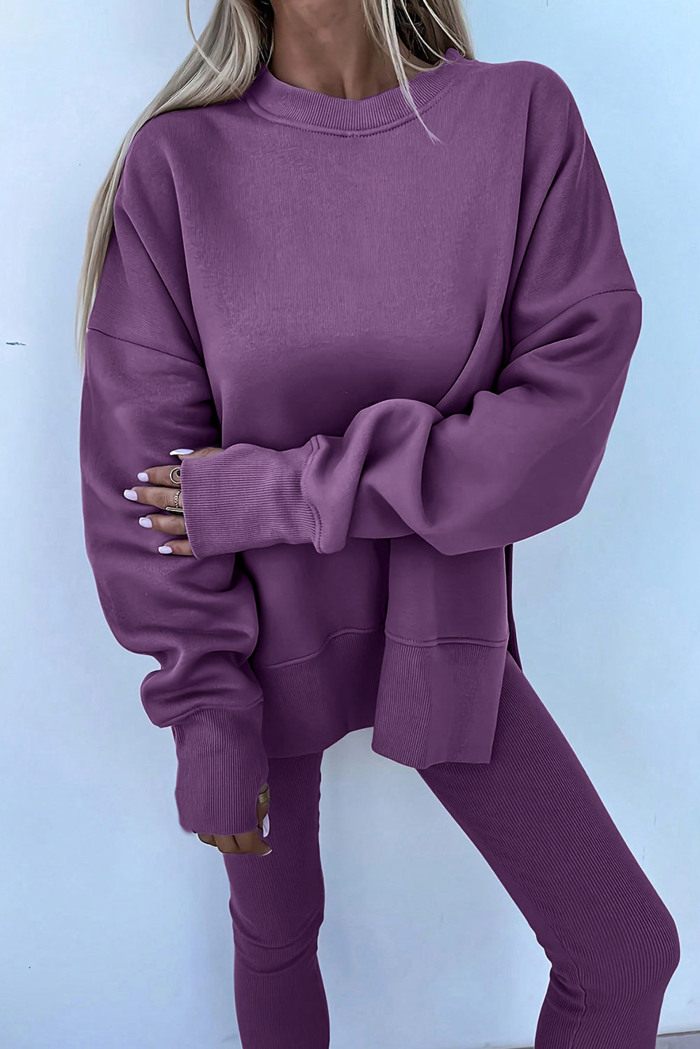 Oversize Slit Sweatshirt Ribbed Leggings 2pcs Set