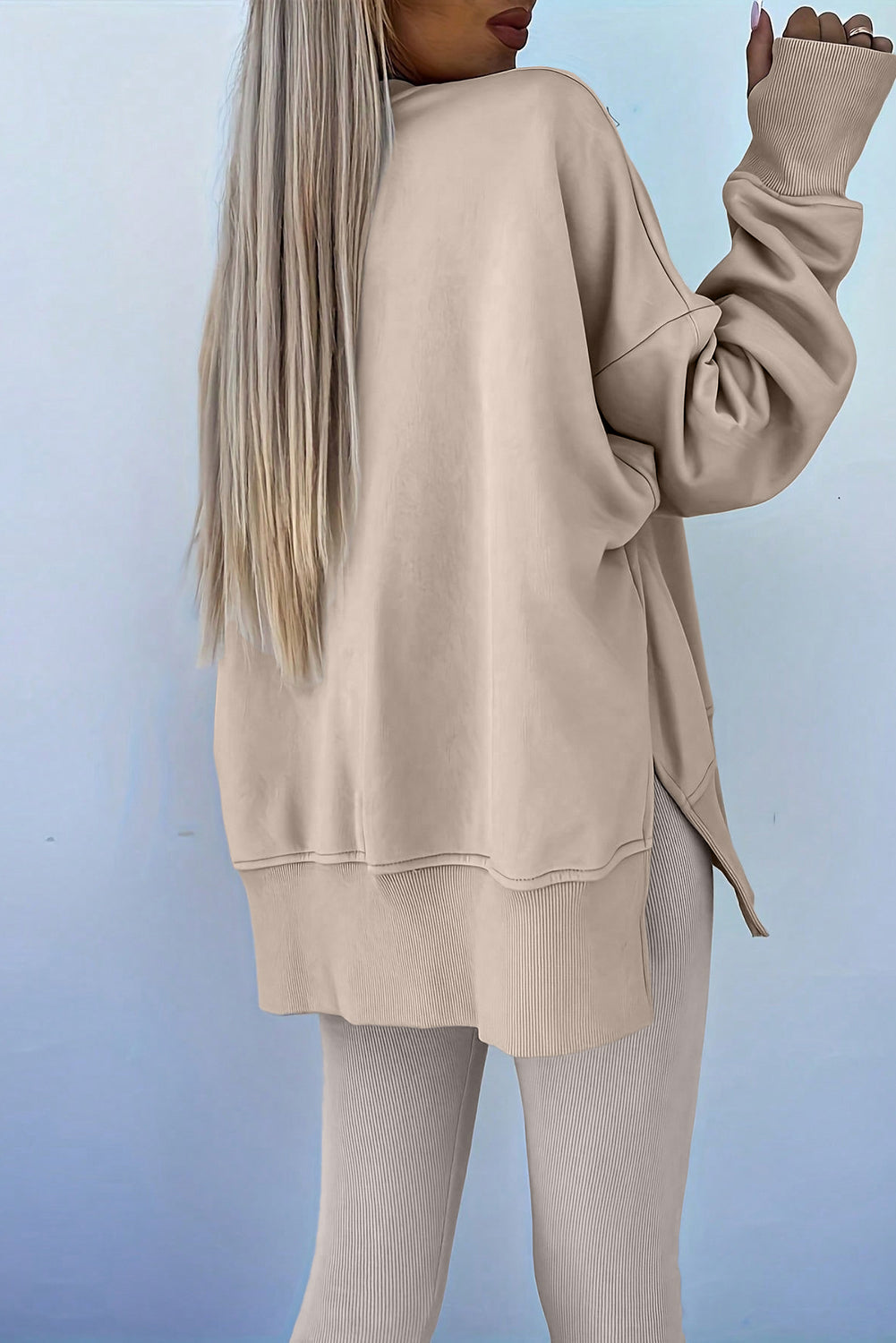 Beige Oversize Slit Sweatshirt Ribbed Leggings 2pcs Set