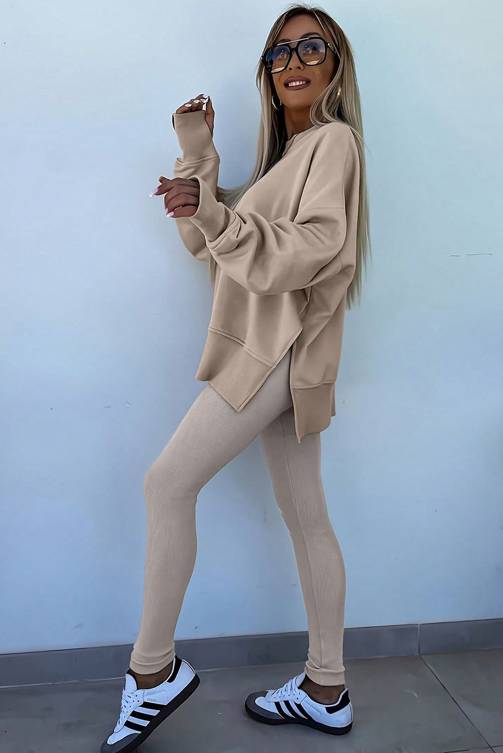 Beige Oversize Slit Sweatshirt Ribbed Leggings 2pcs Set
