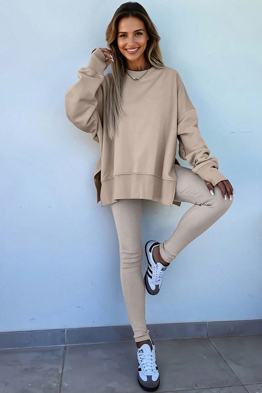 Beige Oversize Slit Sweatshirt Ribbed Leggings 2pcs Set