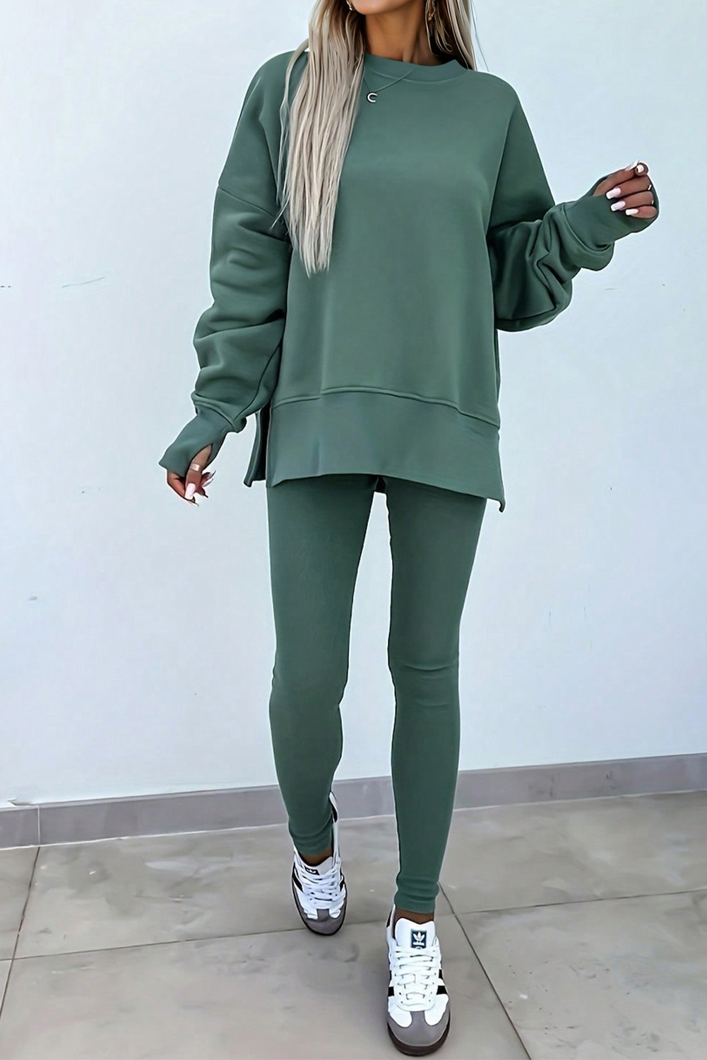 Teal Green Oversize Slit Sweatshirt Ribbed Leggings 2pcs Set