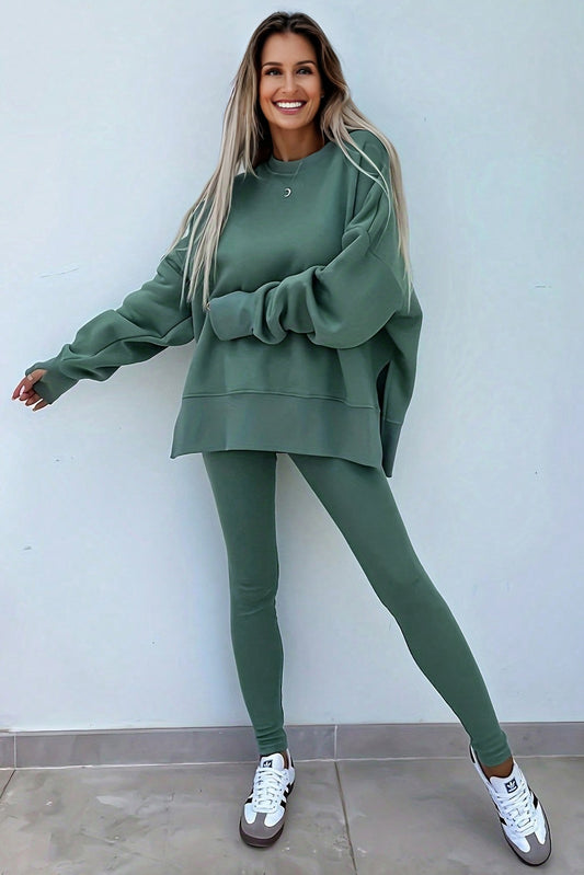 Teal Green Oversize Slit Sweatshirt Ribbed Leggings 2pcs Set